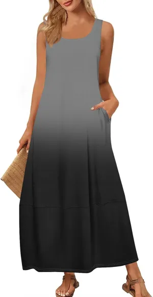 Women's Casual Maxi Sundress 2025 Summer Beach Dress Holiday Scoop Neck Sleeveless Loose Tank Dress with Pockets