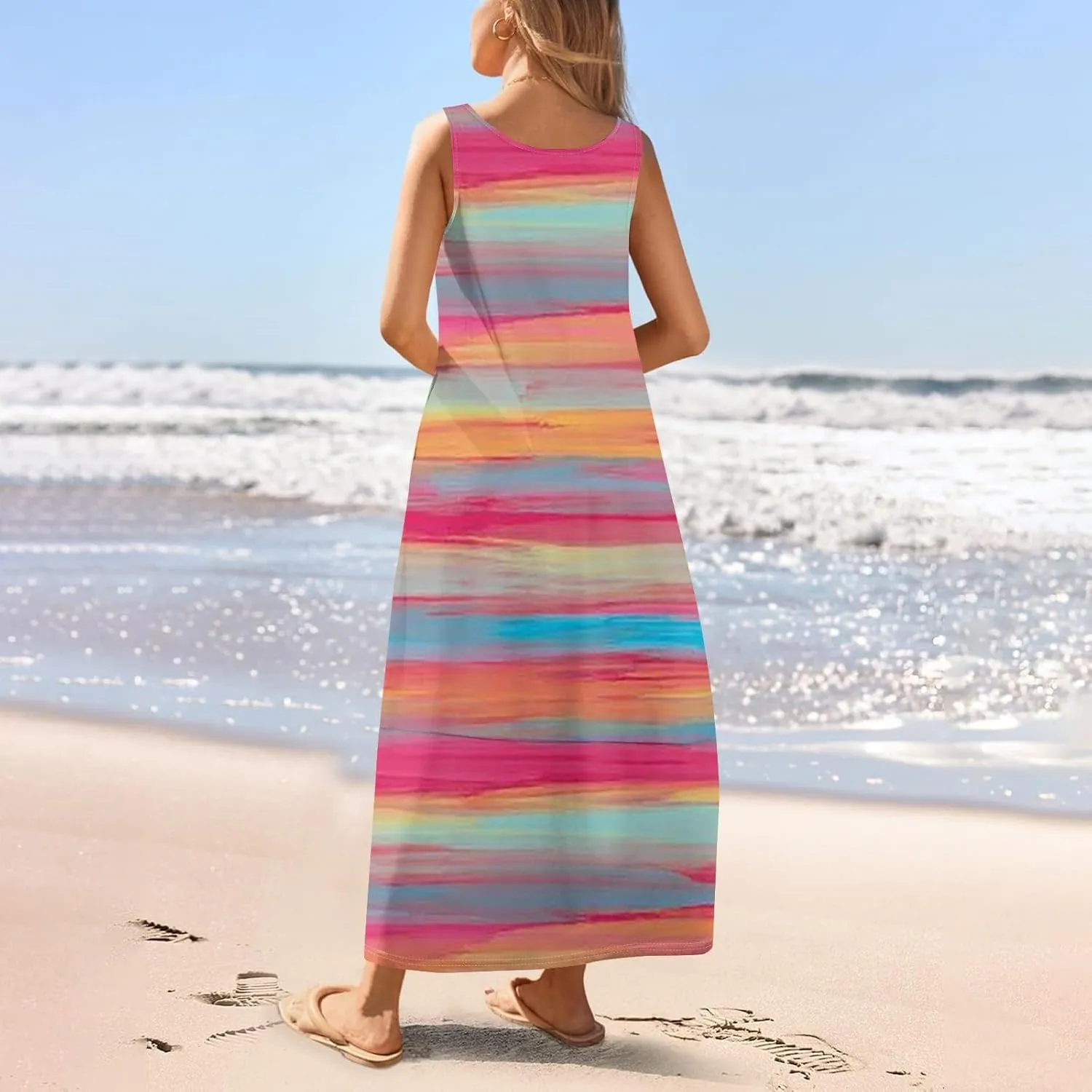 Women's Casual Maxi Sundress 2025 Summer Beach Dress Holiday Scoop Neck Sleeveless Loose Tank Dress with Pockets