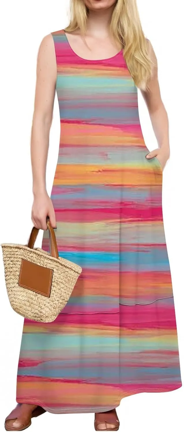 Women's Casual Maxi Sundress 2025 Summer Beach Dress Holiday Scoop Neck Sleeveless Loose Tank Dress with Pockets