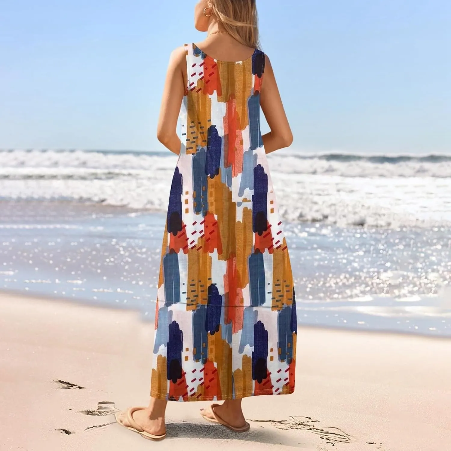 Women's Casual Maxi Sundress 2025 Summer Beach Dress Holiday Scoop Neck Sleeveless Loose Tank Dress with Pockets