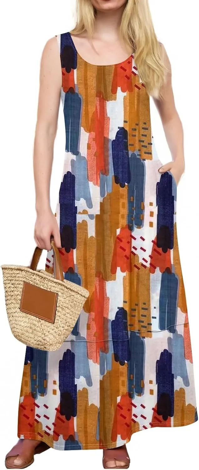 Women's Casual Maxi Sundress 2025 Summer Beach Dress Holiday Scoop Neck Sleeveless Loose Tank Dress with Pockets