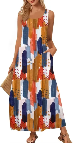 Women's Casual Maxi Sundress 2025 Summer Beach Dress Holiday Scoop Neck Sleeveless Loose Tank Dress with Pockets