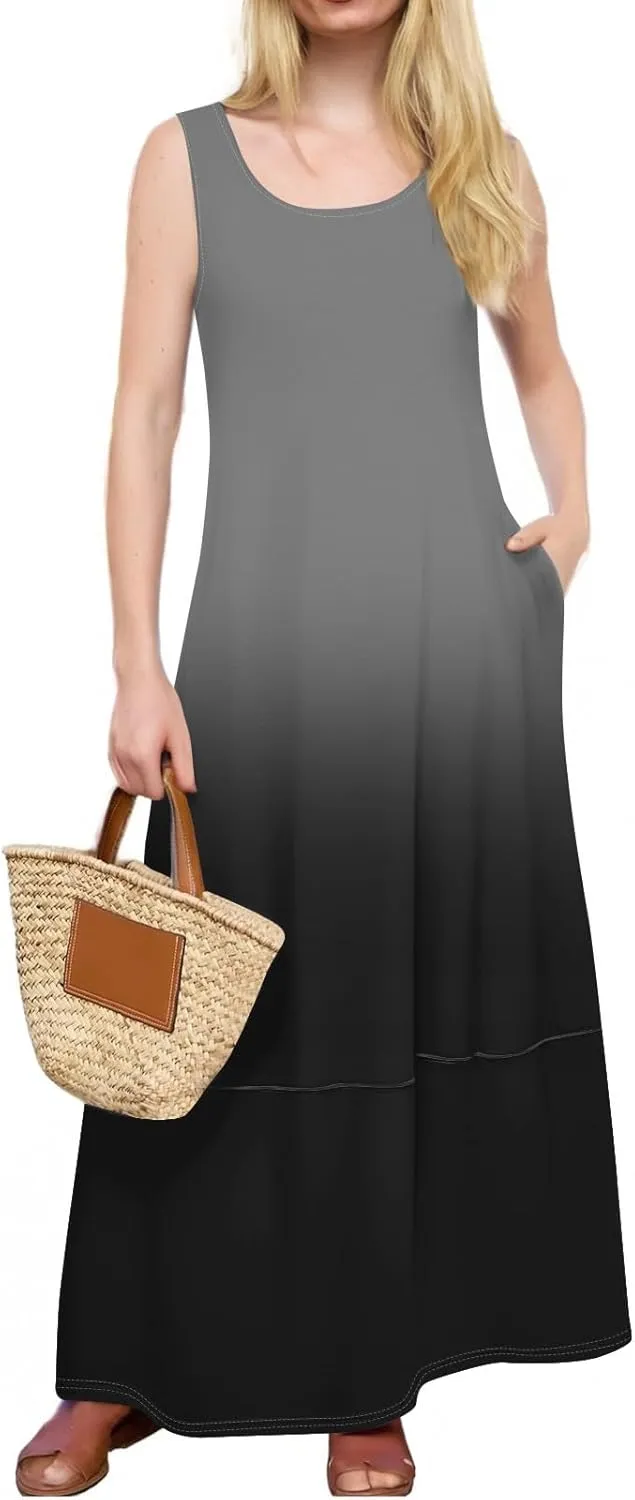 Women's Casual Maxi Sundress 2025 Summer Beach Dress Holiday Scoop Neck Sleeveless Loose Tank Dress with Pockets