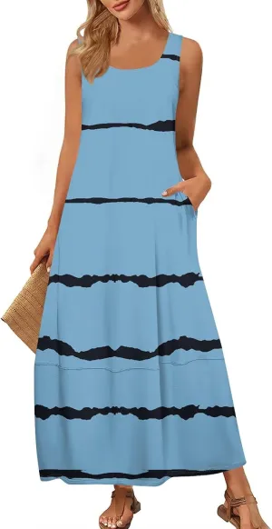 Women's Casual Maxi Sundress 2025 Summer Beach Dress Holiday Scoop Neck Sleeveless Loose Tank Dress with Pockets