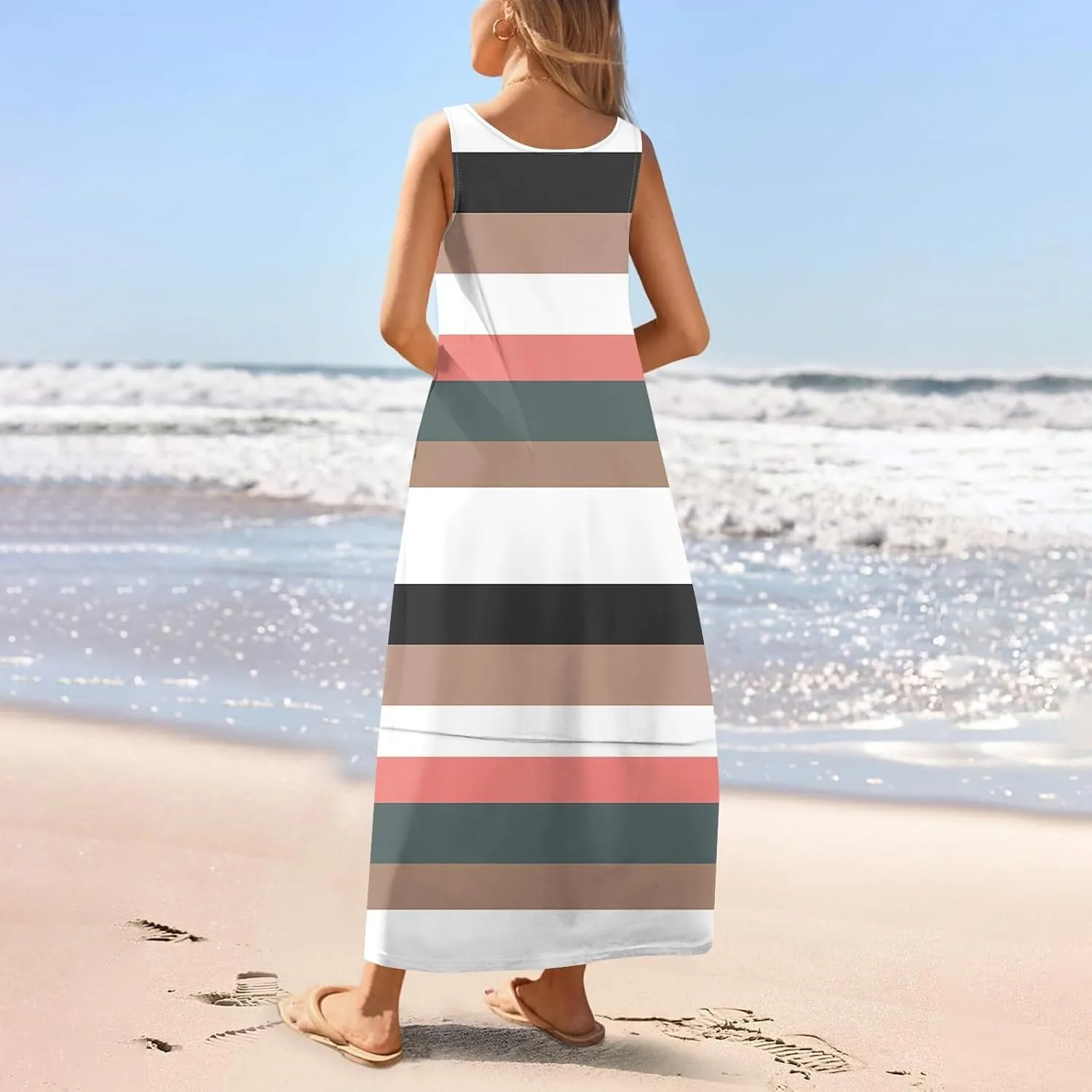 Women's Casual Maxi Sundress 2025 Summer Beach Dress Holiday Scoop Neck Sleeveless Loose Tank Dress with Pockets
