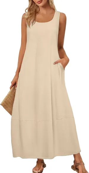 Women's Casual Maxi Sundress 2025 Summer Beach Dress Scoop Neck Sleeveless Loose Tank Dress