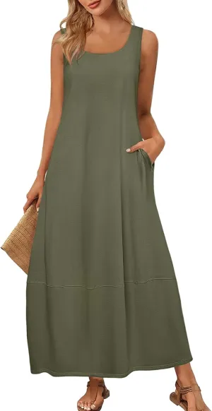 Women's Casual Maxi Sundress 2025 Summer Beach Dress Scoop Neck Sleeveless Loose Tank Dress