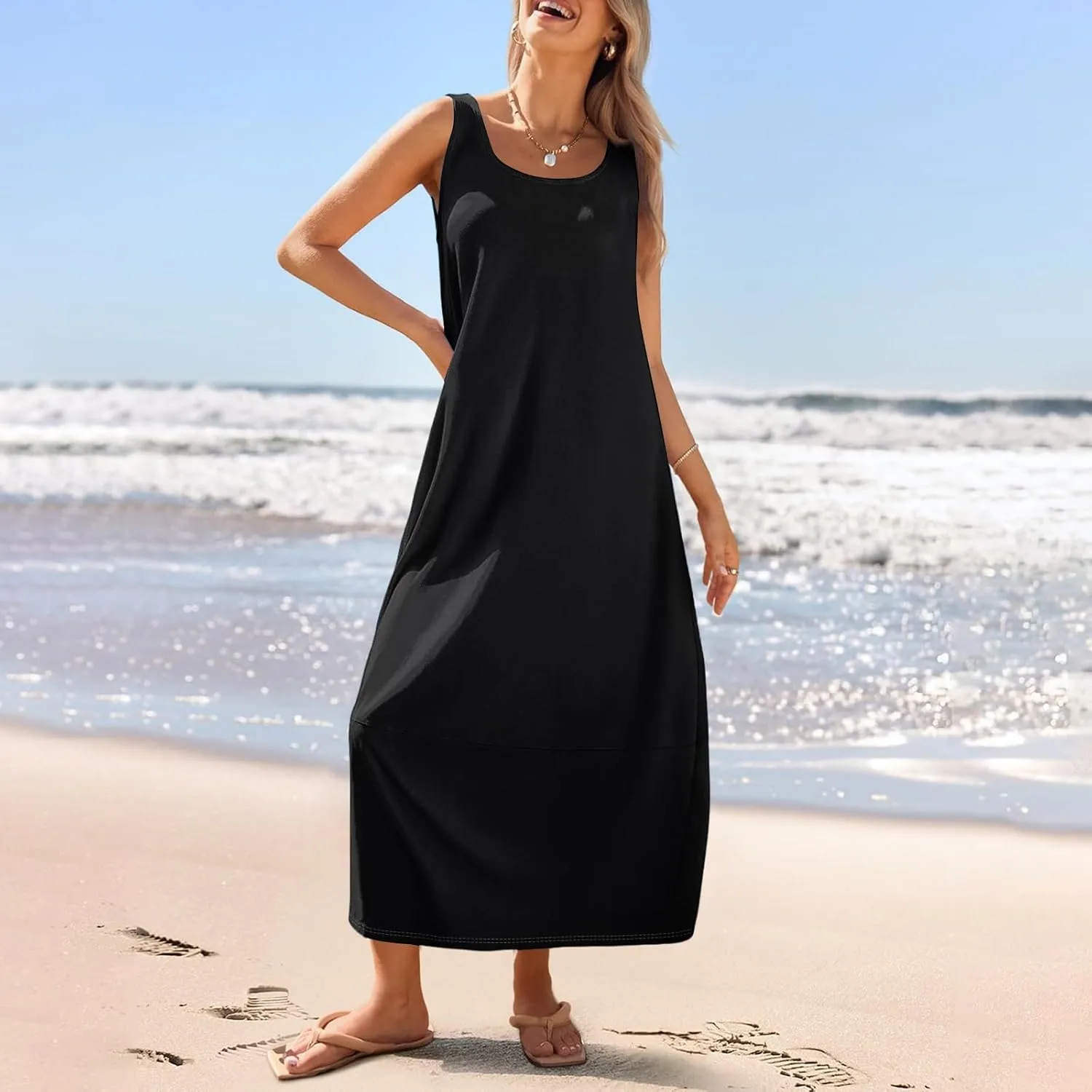 Women's Casual Maxi Sundress 2025 Summer Beach Dress Scoop Neck Sleeveless Loose Tank Dress