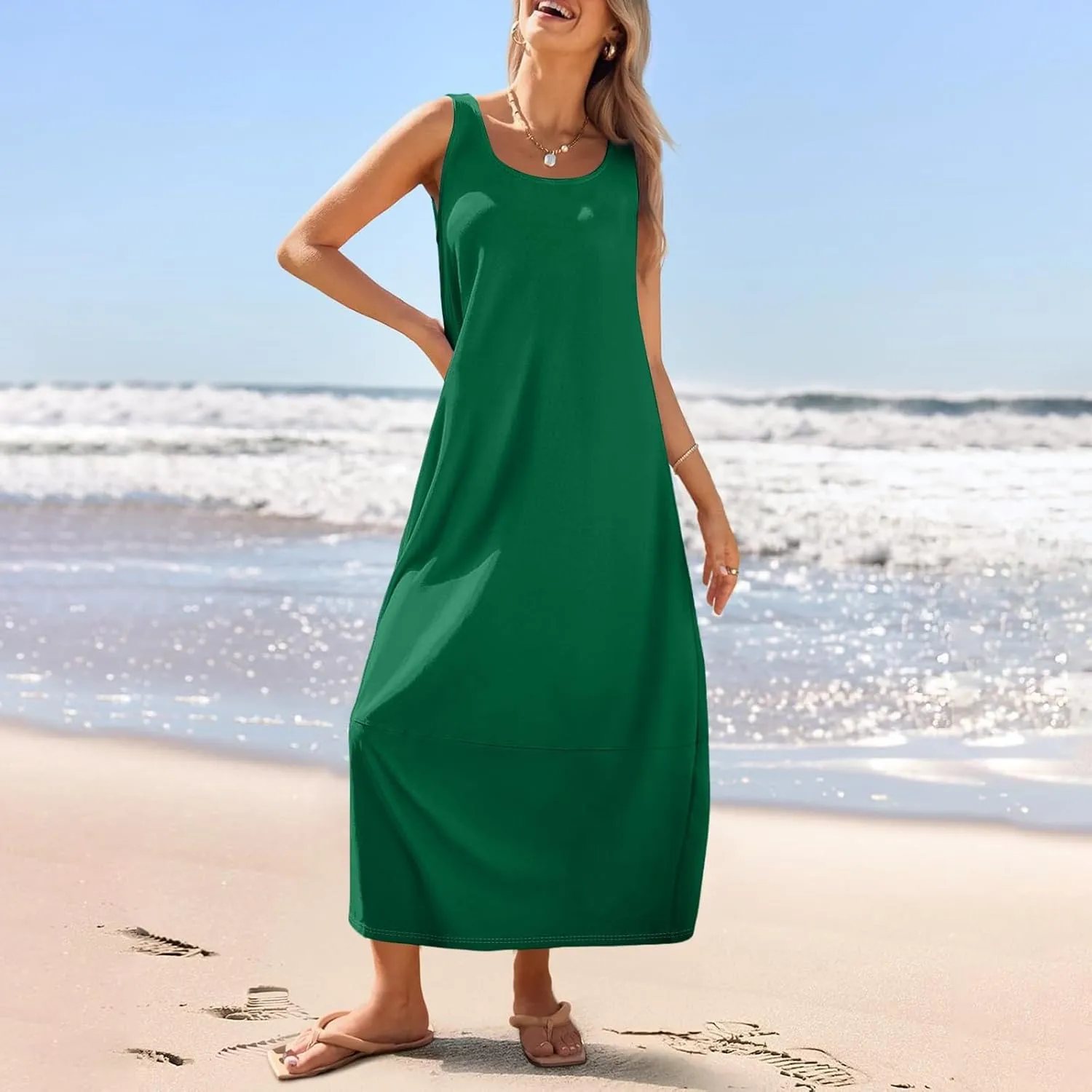 Women's Casual Maxi Sundress 2025 Summer Beach Dress Scoop Neck Sleeveless Loose Tank Dress