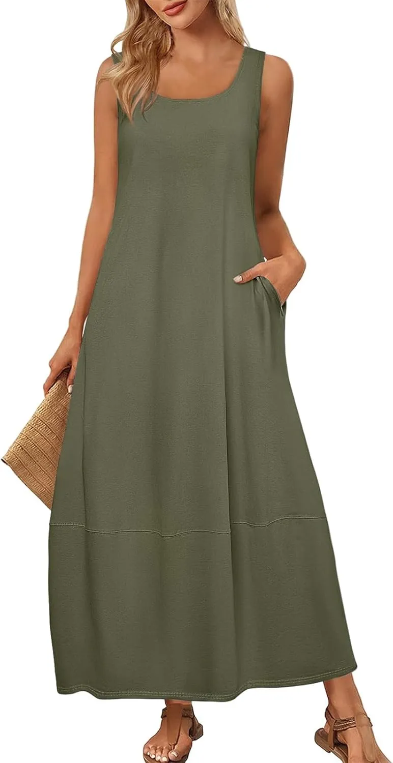 Women's Casual Maxi Sundress 2025 Summer Beach Dress Scoop Neck Sleeveless Loose Tank Dress
