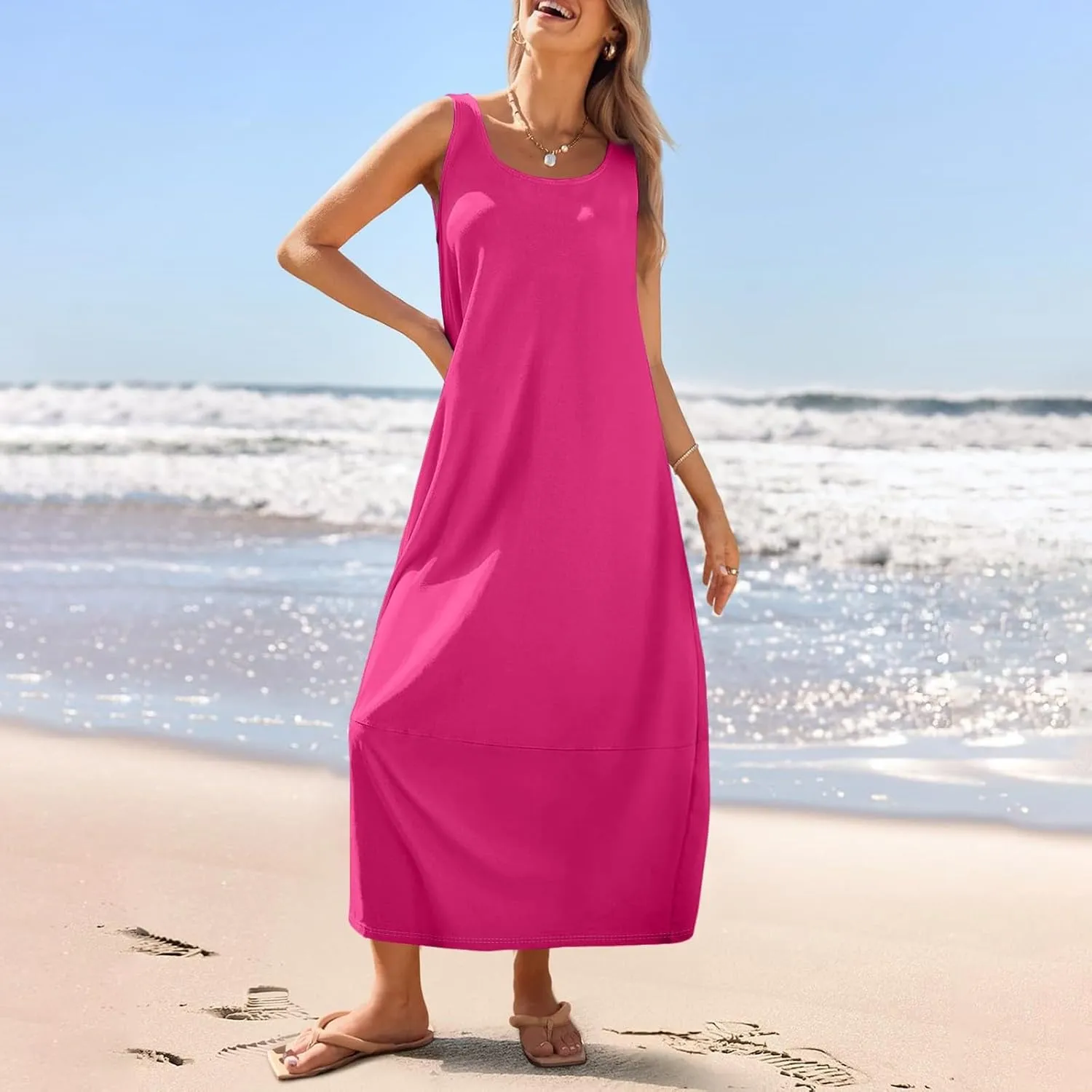 Women's Casual Maxi Sundress 2025 Summer Beach Dress Scoop Neck Sleeveless Loose Tank Dress