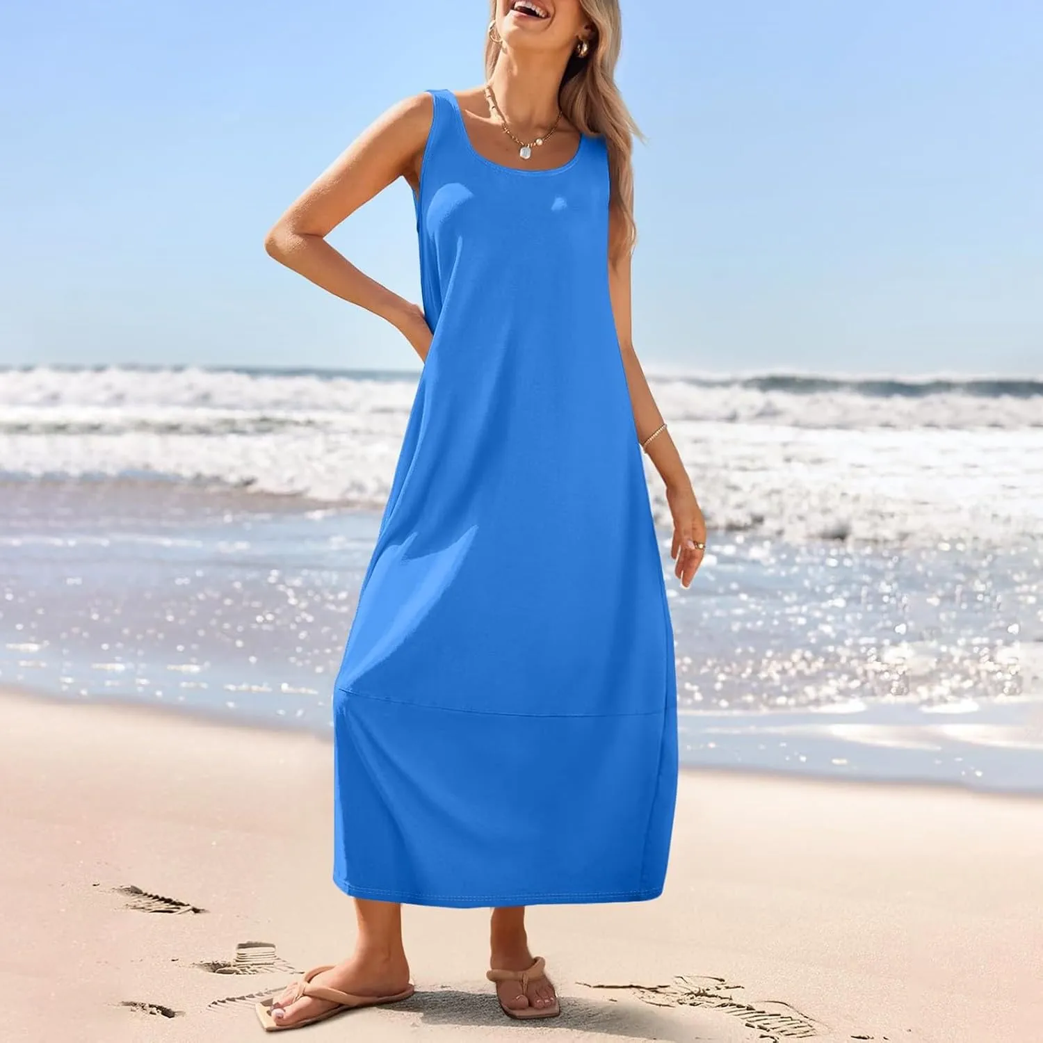 Women's Casual Maxi Sundress 2025 Summer Beach Dress Scoop Neck Sleeveless Loose Tank Dress