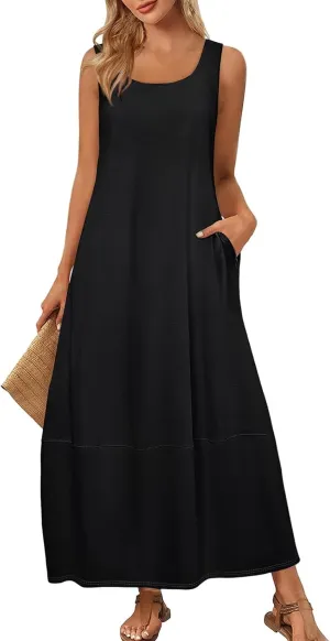 Women's Casual Maxi Sundress 2025 Summer Beach Dress Scoop Neck Sleeveless Loose Tank Dress