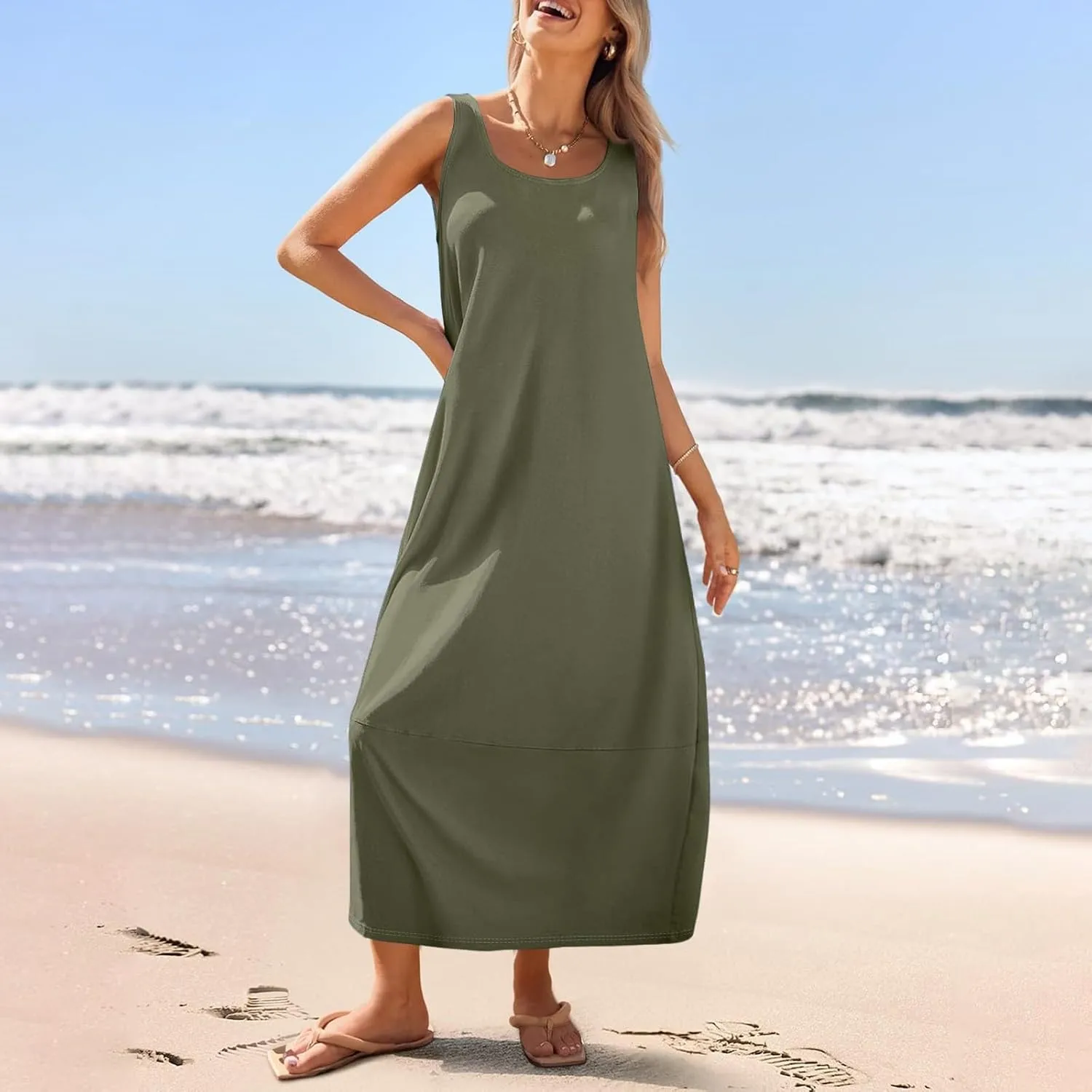 Women's Casual Maxi Sundress 2025 Summer Beach Dress Scoop Neck Sleeveless Loose Tank Dress