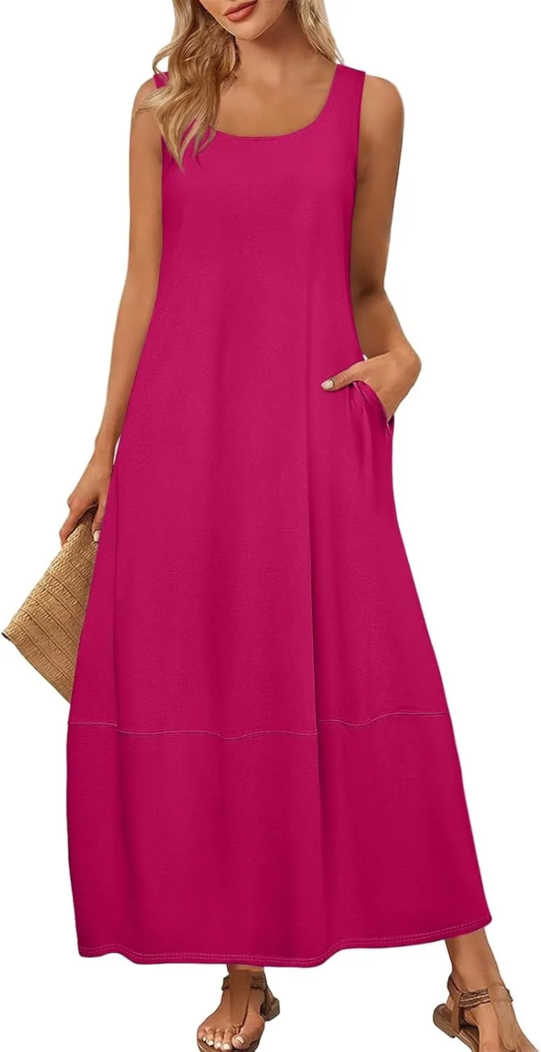 Women's Casual Maxi Sundress 2025 Summer Beach Dress Scoop Neck Sleeveless Loose Tank Dress