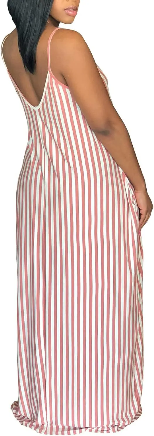 Women's Casual Stripe Long Maxi Dresses with Pockets Spaghetti Strap Sleeveless Loose Beach Sundress
