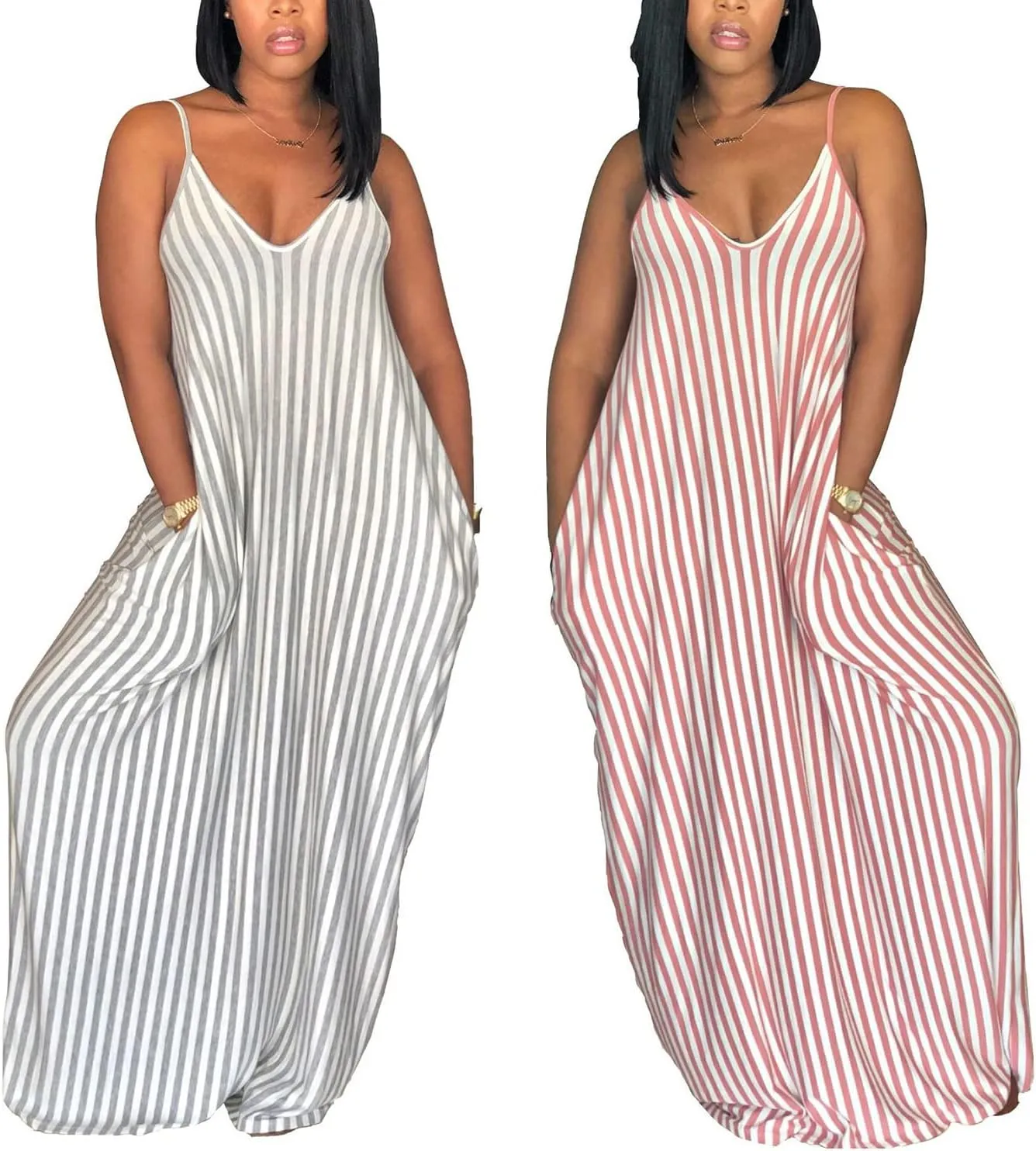 Women's Casual Stripe Long Maxi Dresses with Pockets Spaghetti Strap Sleeveless Loose Beach Sundress
