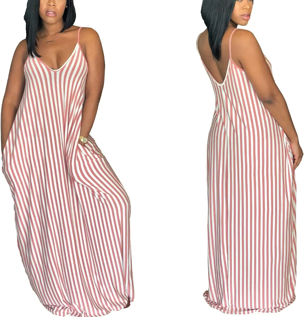 Women's Casual Stripe Long Maxi Dresses with Pockets Spaghetti Strap Sleeveless Loose Beach Sundress