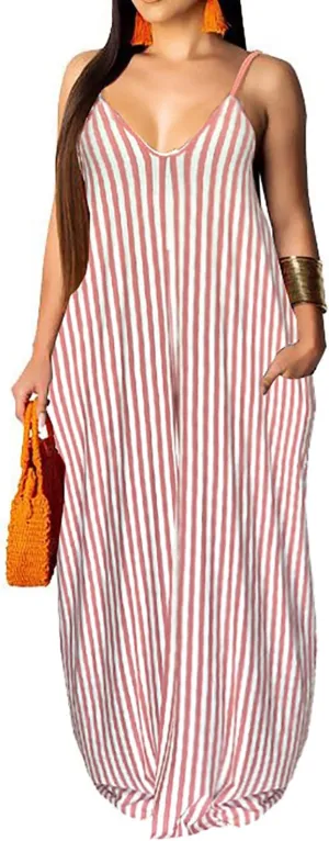 Women's Casual Stripe Long Maxi Dresses with Pockets Spaghetti Strap Sleeveless Loose Beach Sundress