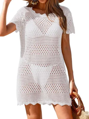 Womens Crochet Knit Swimsuit Coverup Beach Dress Summer 2025 Boat Neck Cap Sleeve Wave Trim Bathing Suit Cover Up