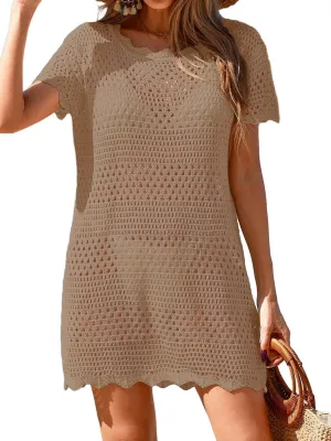 Womens Crochet Knit Swimsuit Coverup Beach Dress Summer 2025 Boat Neck Cap Sleeve Wave Trim Bathing Suit Cover Up