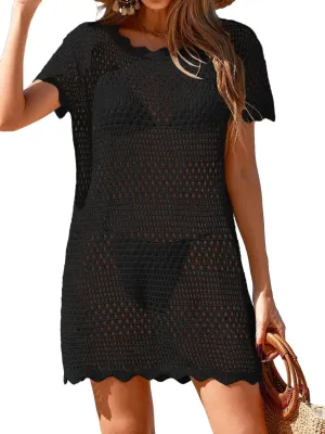 Womens Crochet Knit Swimsuit Coverup Beach Dress Summer 2025 Boat Neck Cap Sleeve Wave Trim Bathing Suit Cover Up