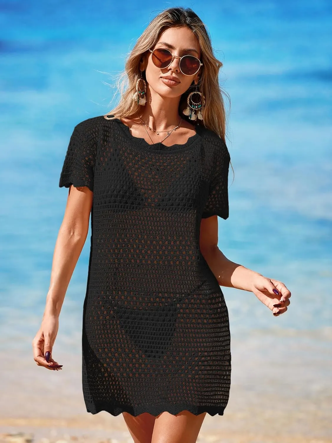 Womens Crochet Knit Swimsuit Coverup Beach Dress Summer 2025 Boat Neck Cap Sleeve Wave Trim Bathing Suit Cover Up