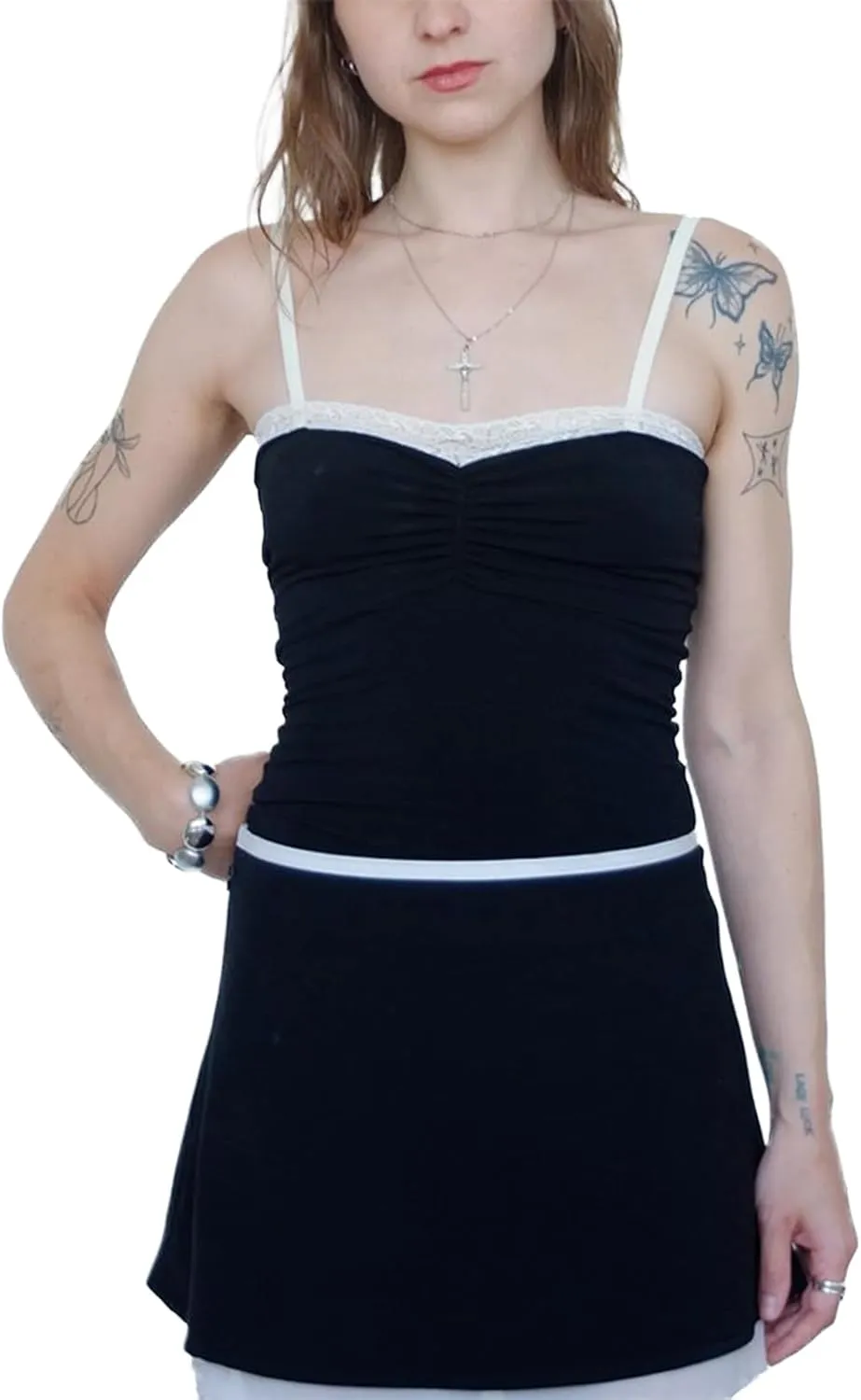 Women's Cute Lace Trim Tank Tops Y2K Heart Print Sleeveless Slim Cami Tops Graphic Scoop Neck Little Bow Ribbed Vest