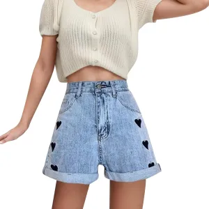 Womens Denim Shorts High Waisted Summer Hot Pants Hem Curled Loose Jean Short Casual Shorts with Love Embroidery