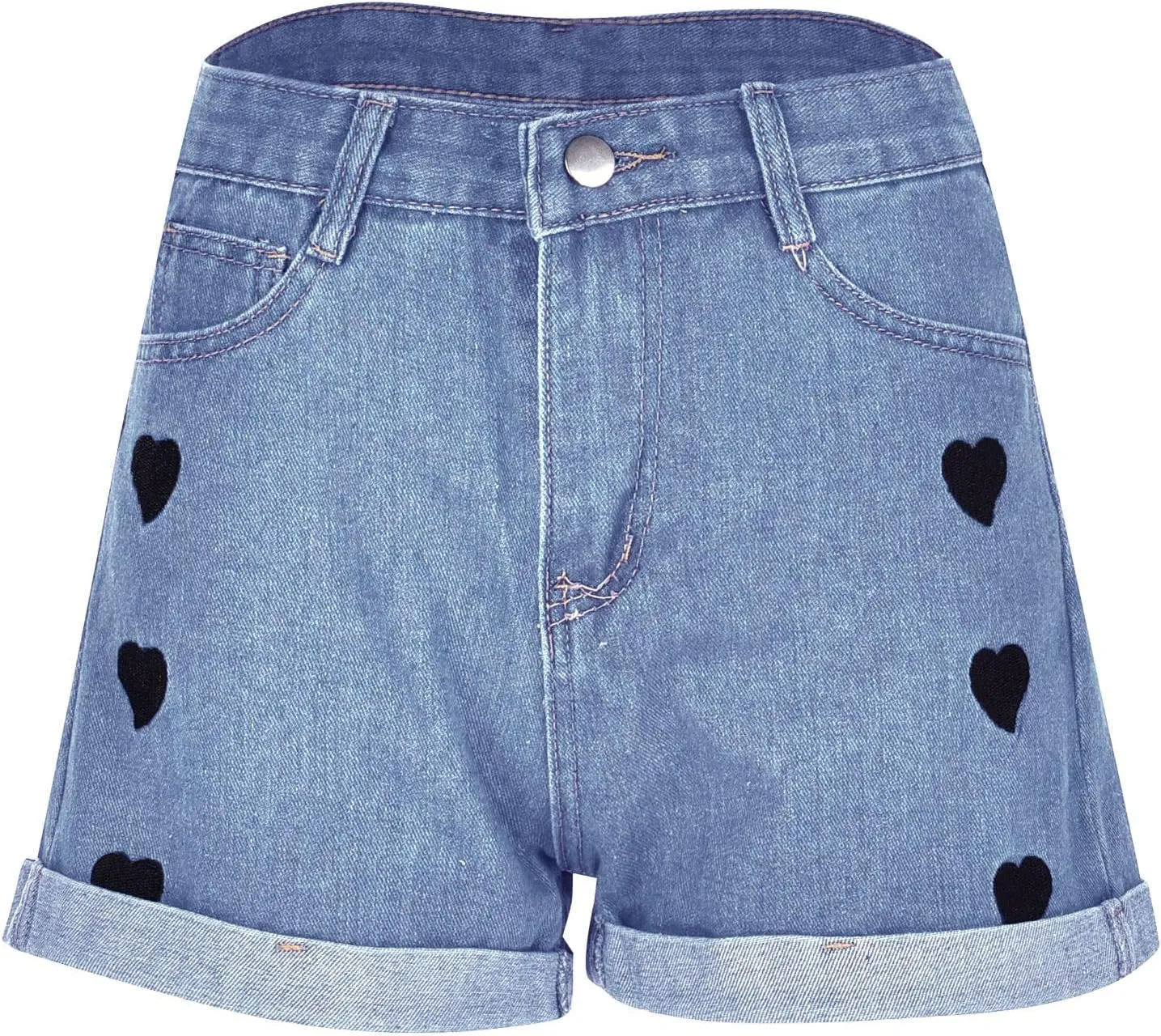 Womens Denim Shorts High Waisted Summer Hot Pants Hem Curled Loose Jean Short Casual Shorts with Love Embroidery