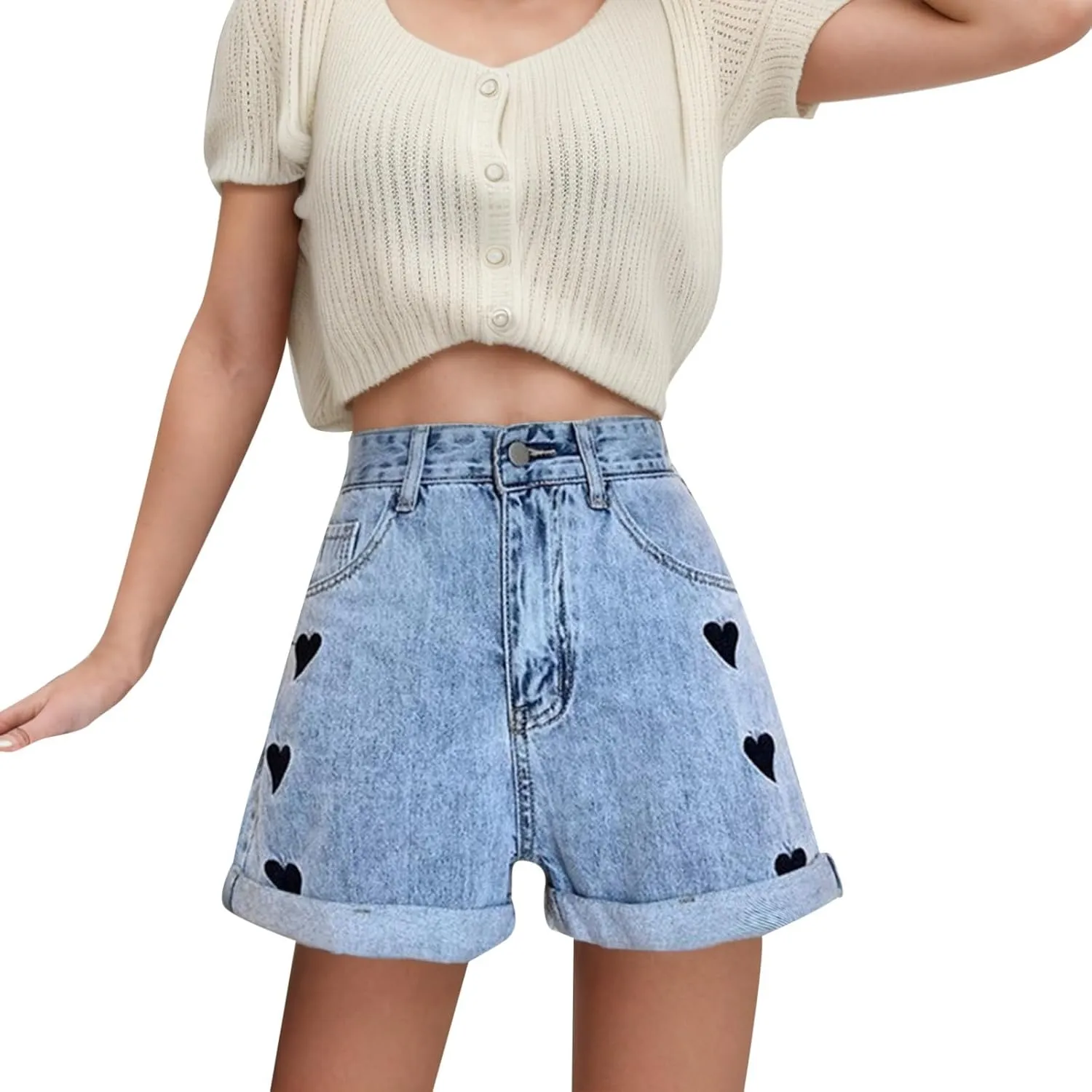 Womens Denim Shorts High Waisted Summer Hot Pants Hem Curled Loose Jean Short Casual Shorts with Love Embroidery