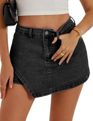 Womens Denim Skorts Stretchy High Waisted Jean Skort for Women Trendy Asymmetrical Mini Skirt with Shorts and Pockets