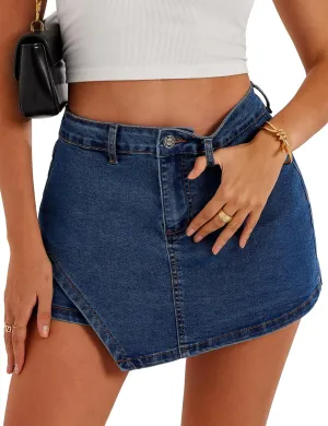 Womens Denim Skorts Stretchy High Waisted Jean Skort for Women Trendy Asymmetrical Mini Skirt with Shorts and Pockets