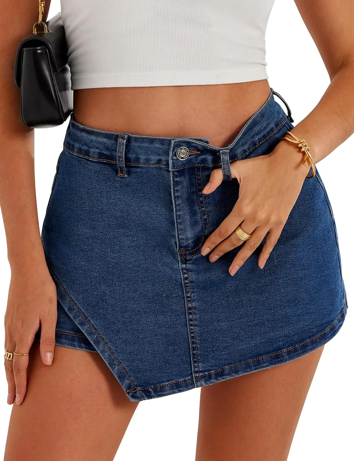 Womens Denim Skorts Stretchy High Waisted Jean Skort for Women Trendy Asymmetrical Mini Skirt with Shorts and Pockets