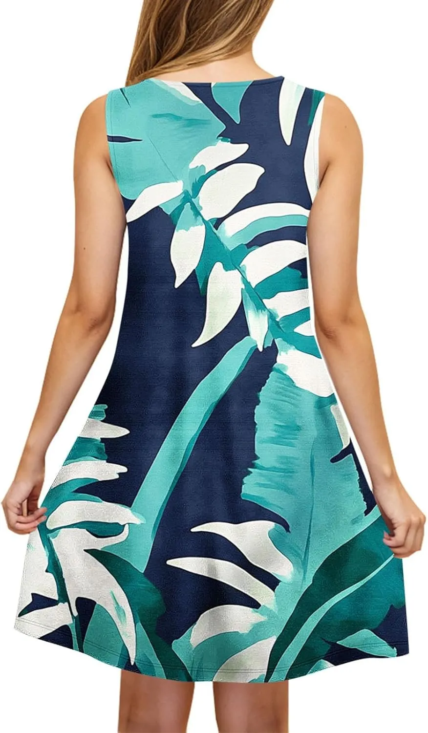 Womens Dresses Beach Casual Round Neck Sleeveless Floral Print Flowy Dress with Pockets 2025 Beach Mini Sundresses
