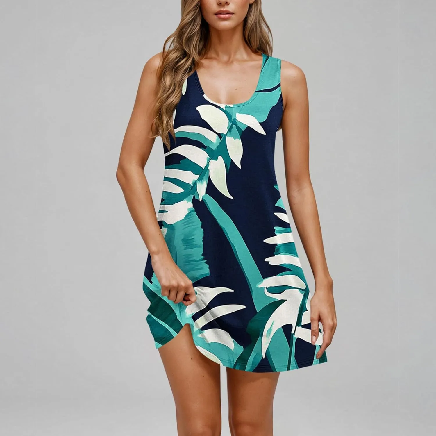 Womens Dresses Beach Casual Round Neck Sleeveless Floral Print Flowy Dress with Pockets 2025 Beach Mini Sundresses
