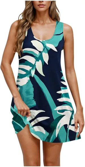 Womens Dresses Beach Casual Round Neck Sleeveless Floral Print Flowy Dress with Pockets 2025 Beach Mini Sundresses