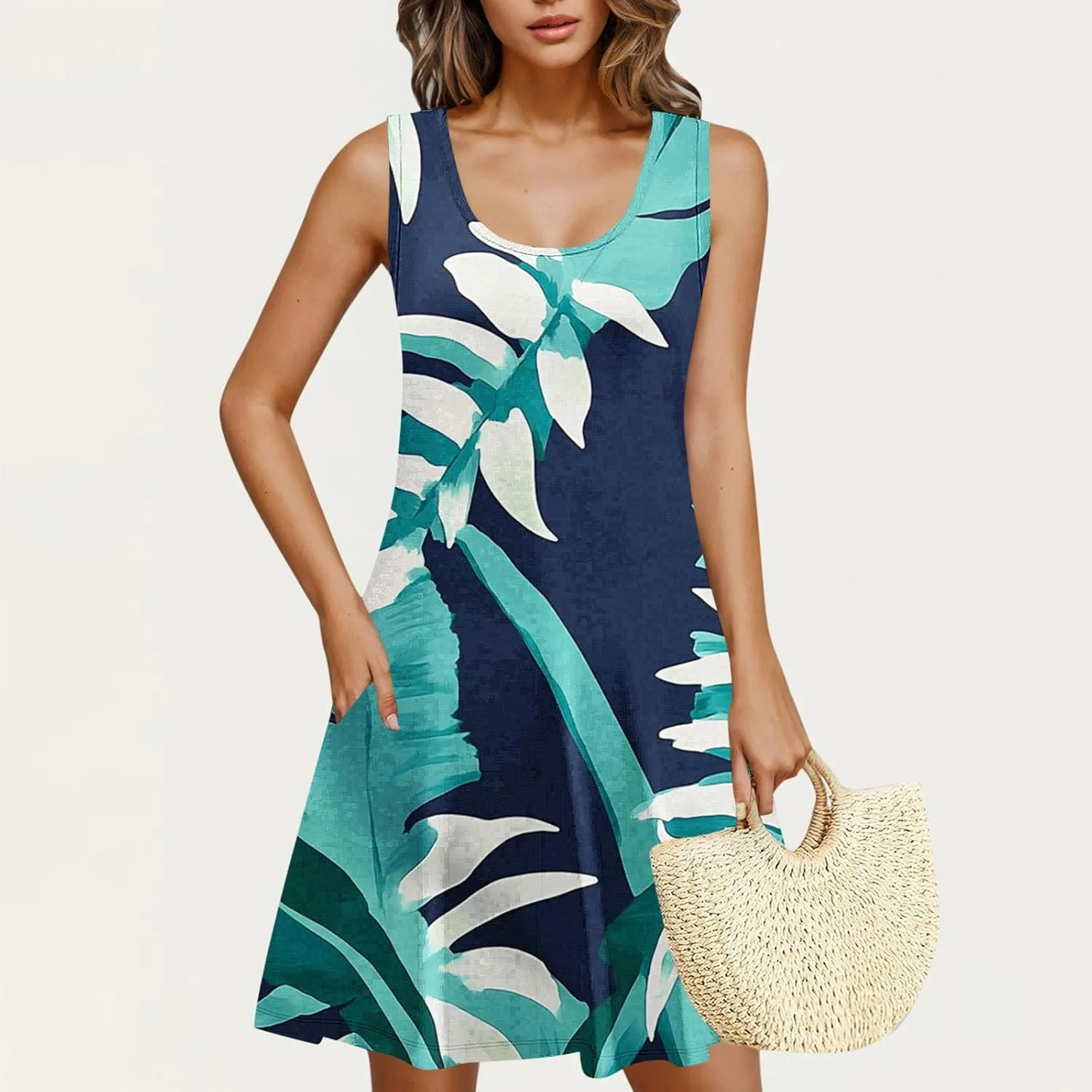 Womens Dresses Beach Casual Round Neck Sleeveless Floral Print Flowy Dress with Pockets 2025 Beach Mini Sundresses