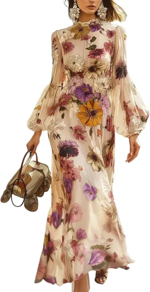 Women's Elegant Floral Maxi Dress Crew Neck Balloon Sleeve Wrap Flowy Wedding Guest Dress