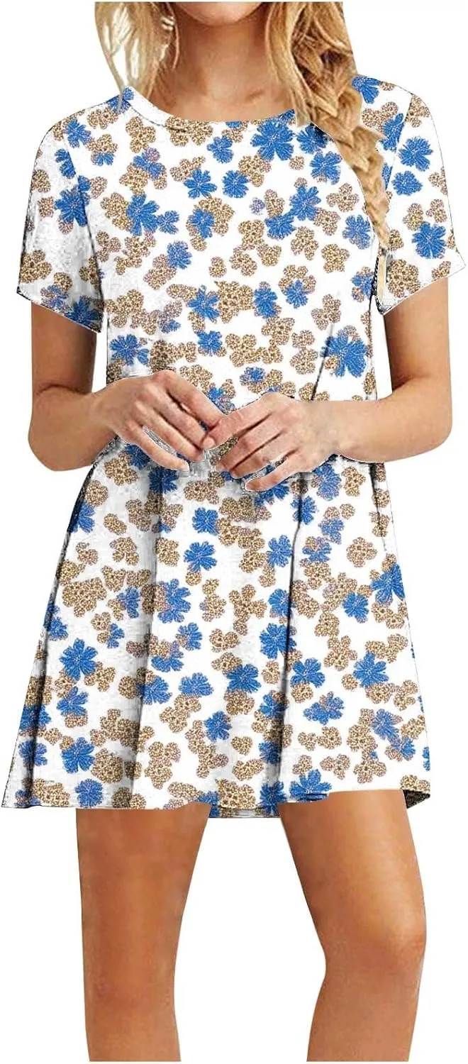 Womens Fashion Summer Shirtdress Floral Print Short Sleeve Round Neck A-Line Dresses 2025 Casual Mini Sundress