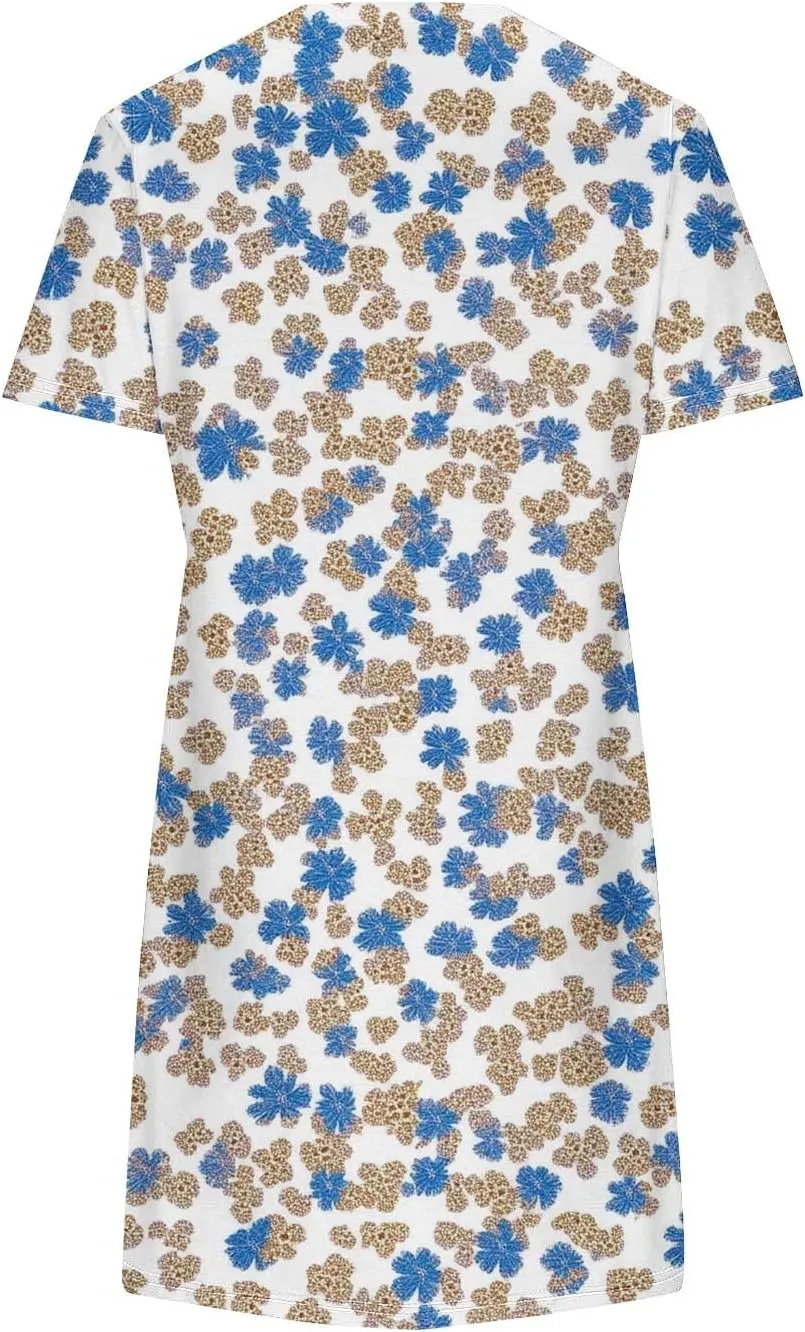 Womens Fashion Summer Shirtdress Floral Print Short Sleeve Round Neck A-Line Dresses 2025 Casual Mini Sundress