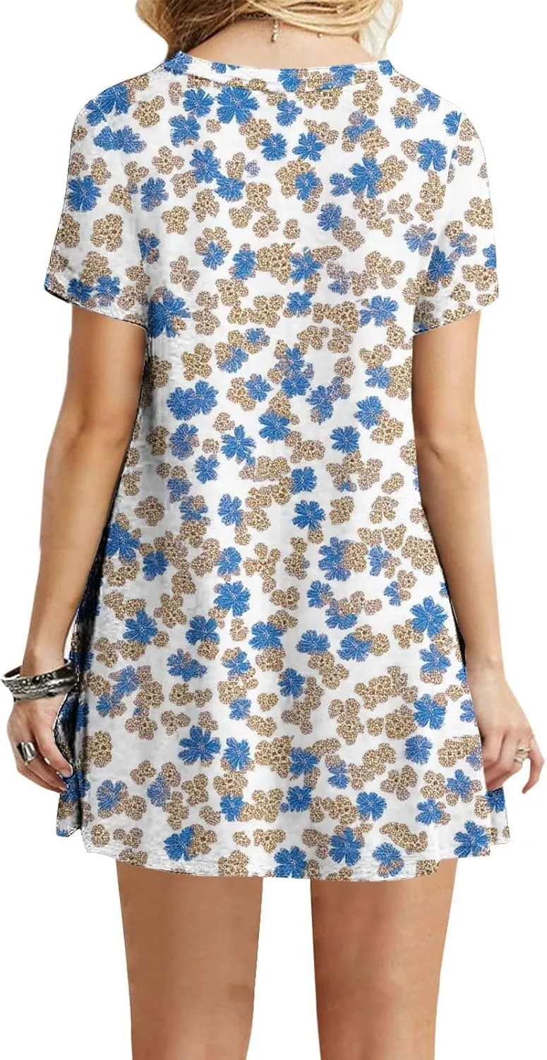 Womens Fashion Summer Shirtdress Floral Print Short Sleeve Round Neck A-Line Dresses 2025 Casual Mini Sundress