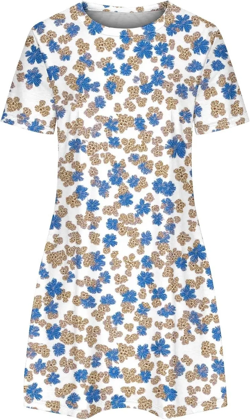 Womens Fashion Summer Shirtdress Floral Print Short Sleeve Round Neck A-Line Dresses 2025 Casual Mini Sundress