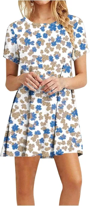 Womens Fashion Summer Shirtdress Floral Print Short Sleeve Round Neck A-Line Dresses 2025 Casual Mini Sundress