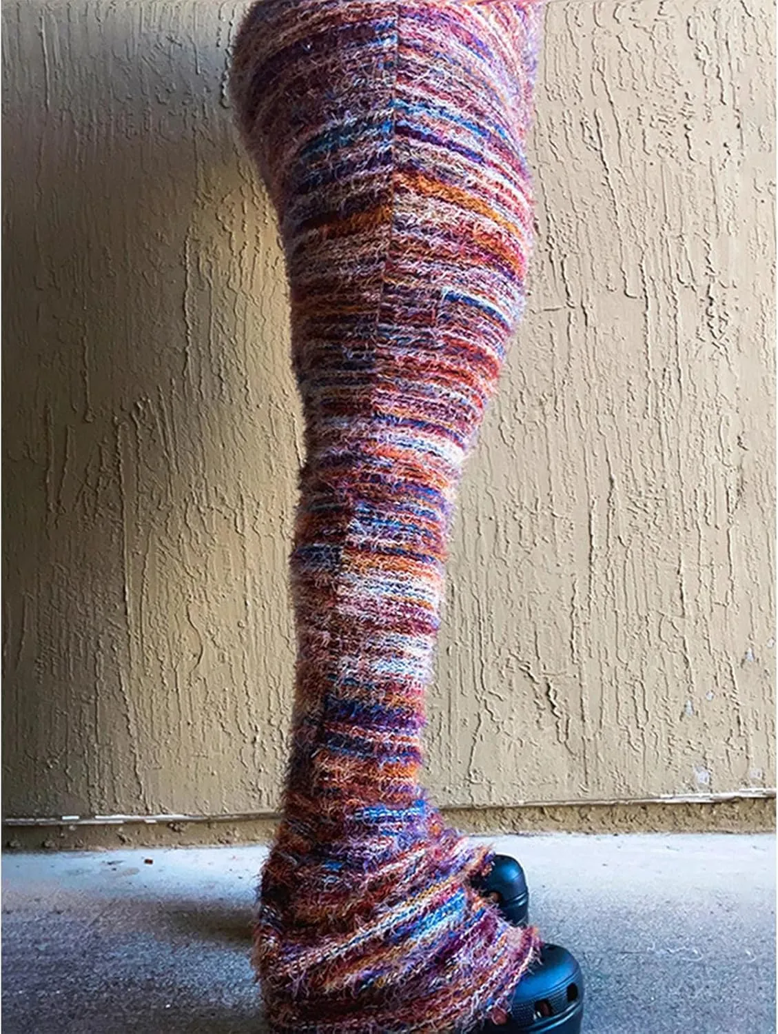 Women's Fleece Stacked Legging Pants High Wasited Colorful Fuzzy Strip Bell Bottom Knit Y2K Party Club Sweatpants