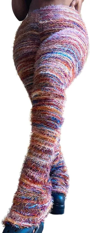 Women's Fleece Stacked Legging Pants High Wasited Colorful Fuzzy Strip Bell Bottom Knit Y2K Party Club Sweatpants
