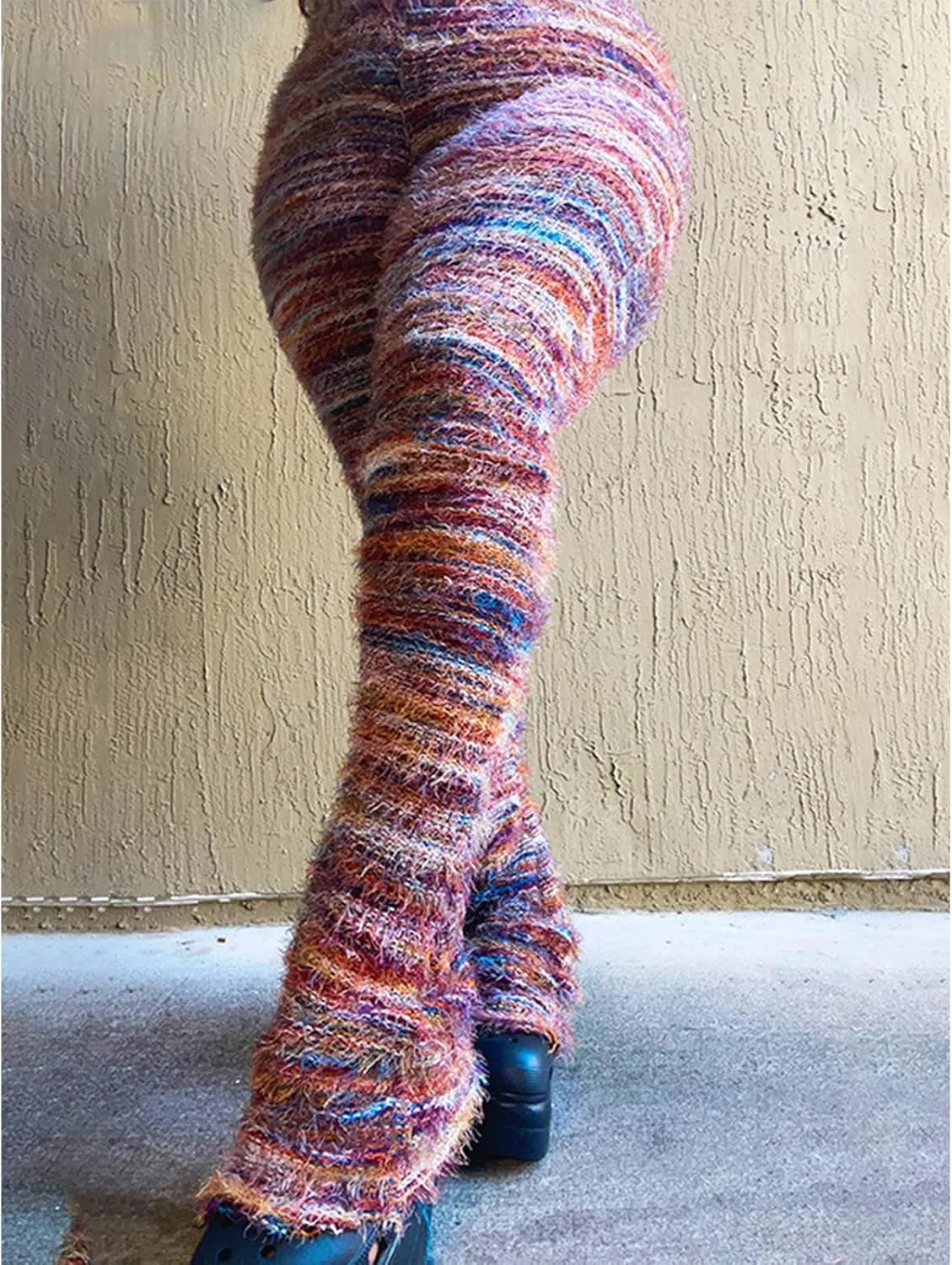 Women's Fleece Stacked Legging Pants High Wasited Colorful Fuzzy Strip Bell Bottom Knit Y2K Party Club Sweatpants