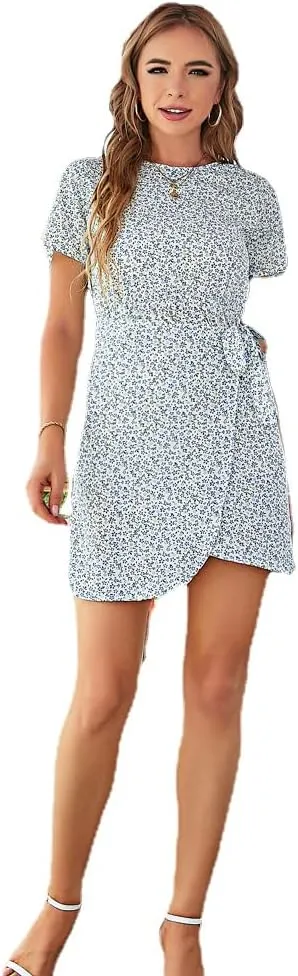 Womens Floral Rond Neck Wrap Ruffles Loose Mini Short Dress Short Sleeves A Line Swing Dress
