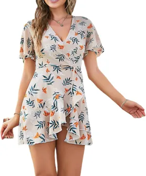 Womens Floral V Neck Wrap Ruffles Loose Mini Short Dress Short Sleeves A Line Swing Dress