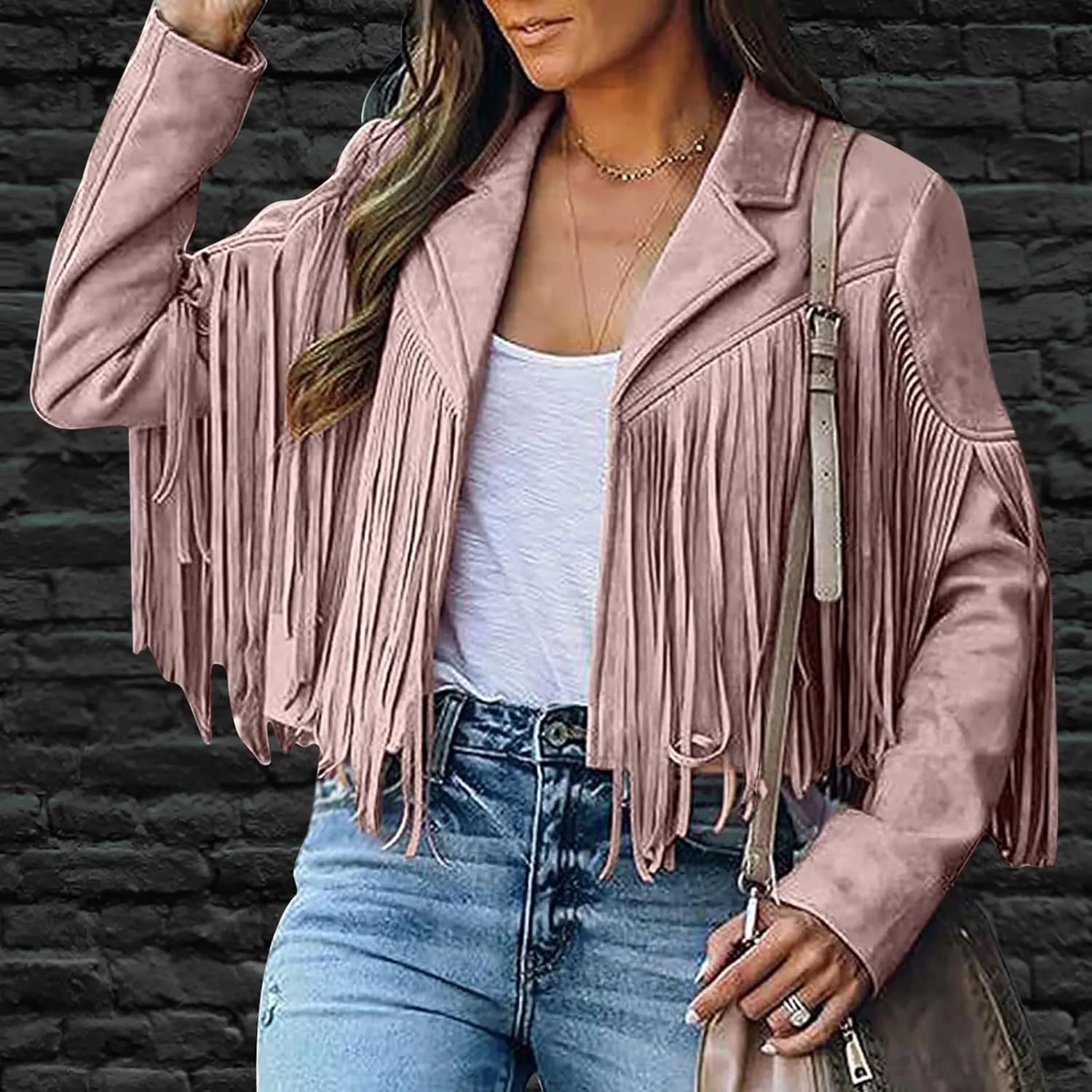 Womens Fringe Faux Suede Leather Jackets Fashion Tassel Motorcycle Cropped Coats Hippie Boyfriend Outwear Moto Coat